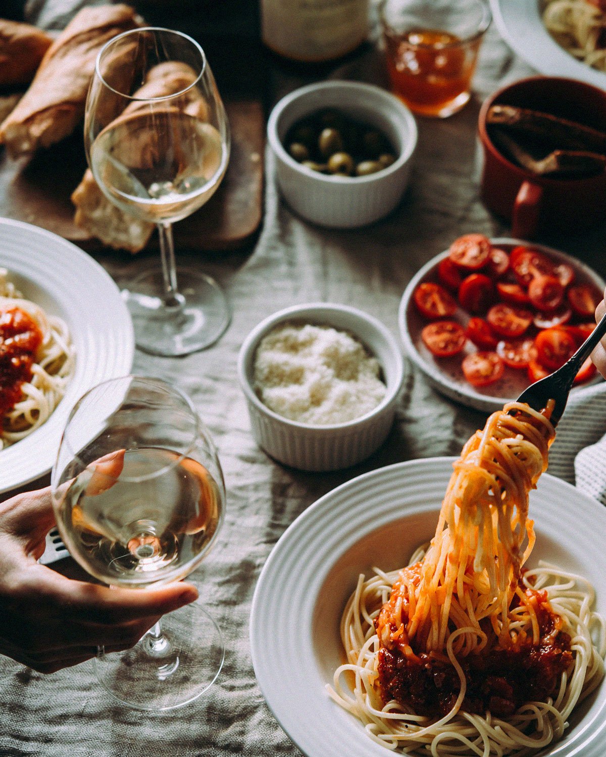 Spaghetti and Meatballs Dinner with Wine on table
