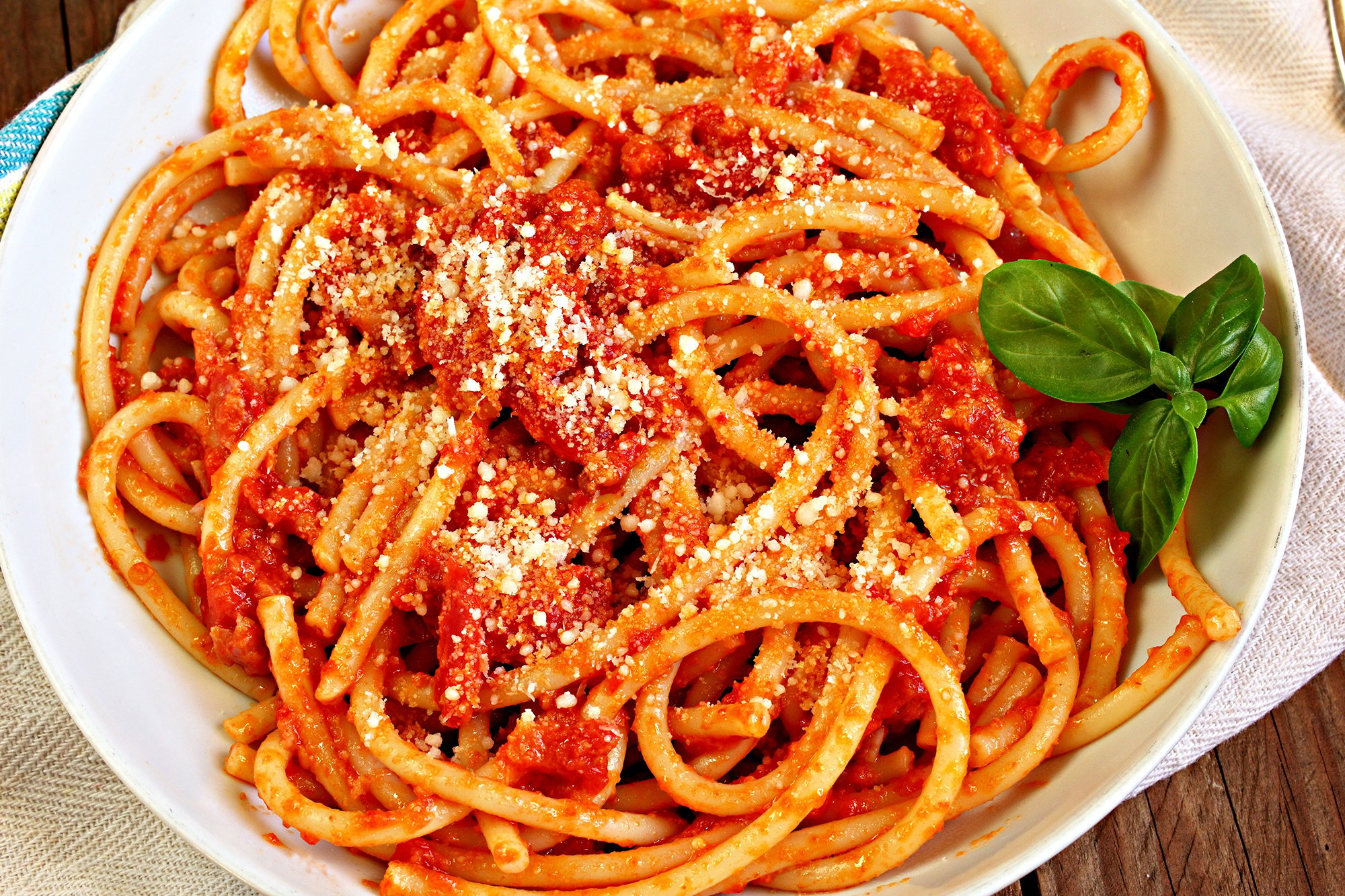 Overhead shot of Bucatini allamatriciana