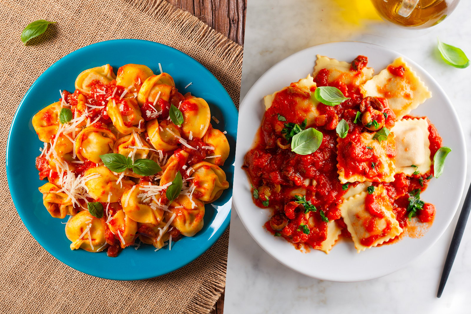 Side by side shots of tortellini and ravioli dishes from overhead 