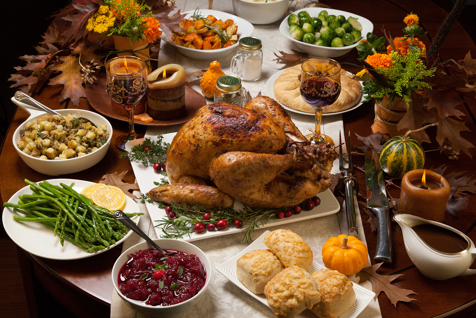 Thanksgiving spread with all the fixings on a contemporary classic table