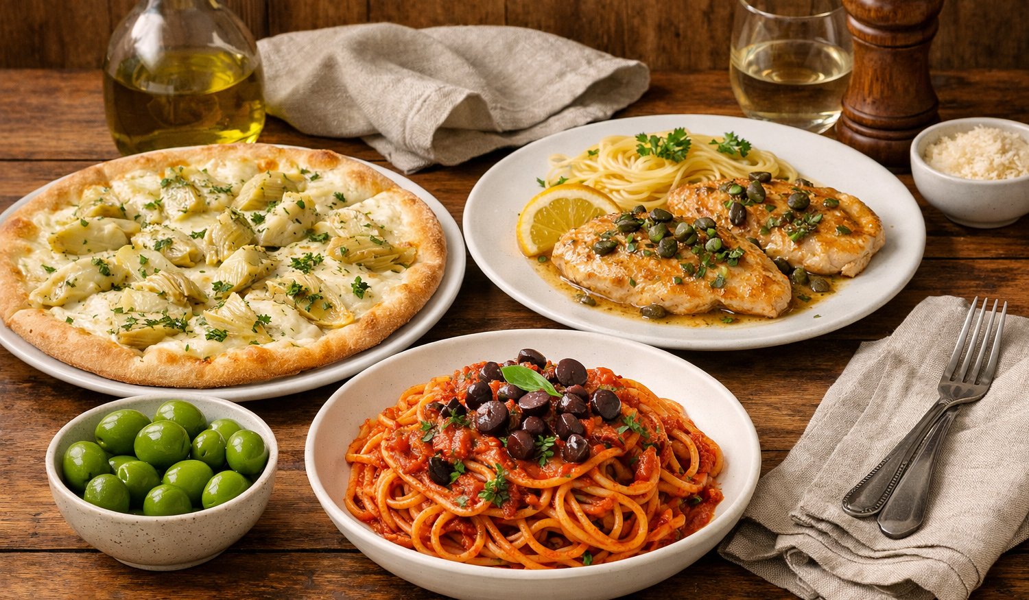 white pizza with artichokes & cheese, marinara pasta with kalamata olives, chicken piccata, castelvetrano olives